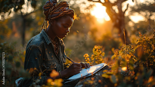 African female leather worker writing notes and using a book note photo