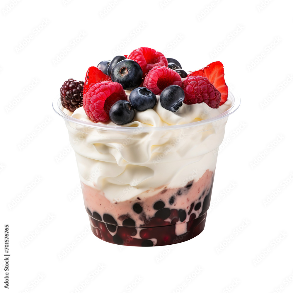 whipped cream dessert with berries in plastic cup isolated on transparent background Remove png, Clipping Path, pen tool whipped cream dessert with berries in plastic cup isolated on transparent background Remove png, Clipping Path, pen tool