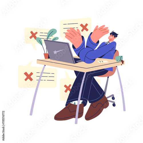 Tired office worker stress with wrongs, mistakes, fails. Exhausted employee gets lots refuses. Unhappy man with tied, knotted hands concept. Flat isolated vector illustration on white background