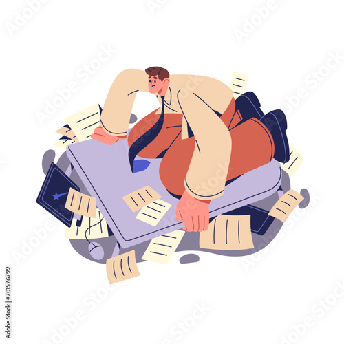 Work overload concept. Depressed office worker stress with lots of documents, papers. Tired employee swimming, floating in paperwork overflow. Flat isolated vector illustration on white background