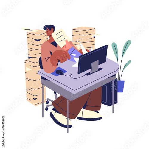 Work overload concept. Tired office worker gets new online offer, task. Employee between paper stacks stress, exhausted with paperwork burden. Flat isolated vector illustration on white background