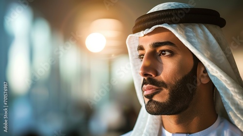 Emirati Arab at office wearing Kandura looking at front ideal for Middle East business concept. Arabic man inside a corporate establishment with colleagues at the background, copy space photo