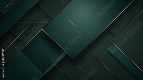 Dark green abstract background with gold lines and shadow. Geometric shape overlap layers. Transparent squares. Modern luxury rounded squares graphic pattern banner template design. Generative Ai