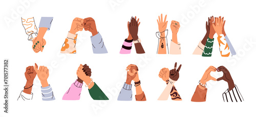 Friend hands together set. Giving high five, fist bump, peace sign, greeting, touching, supporting. Friendship, love relationship concept. Flat graphic vector illustration isolated on white background