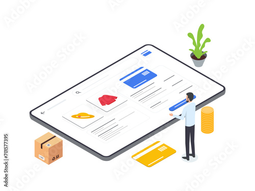 Flat Isometric illustrations of a man using a computer to select payment methods on various e commerce platforms. Modern and user friendly interface.
