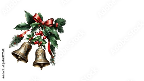 Metal bell with red bow isolated on a white background, school bell, vintage bell. 3D effect. Vector illustration. copy space