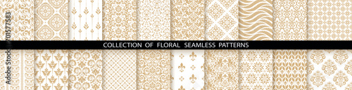 Geometric floral set of seamless patterns. White and gold vector backgrounds. Damask graphic ornaments