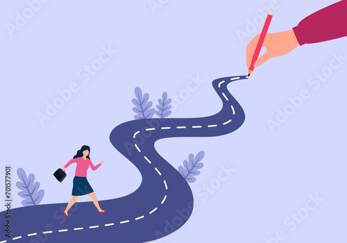 Life path concept. Business way, plan or strategy. New opportunities and self development, life changing decision. New road to destination vector illustration. photo