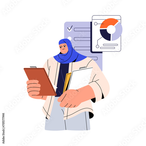 Analyst researches business report. Employee reviewes diagrams, pie chart, statistic indicators. Manager holds tablet with task list, reading analysis data. Flat isolated vector illustration on white