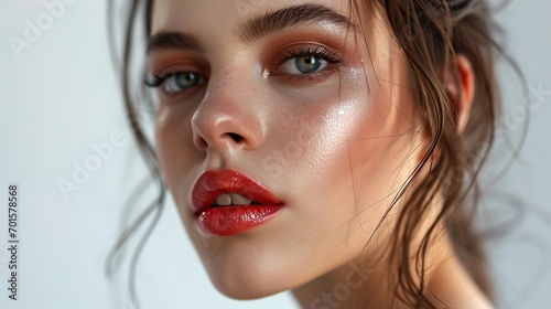 woman face with glossy lipstick and light makeup looking to camera. white background