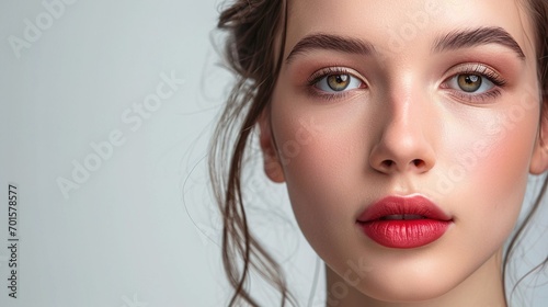 woman face with glossy lipstick and light makeup looking to camera. white background