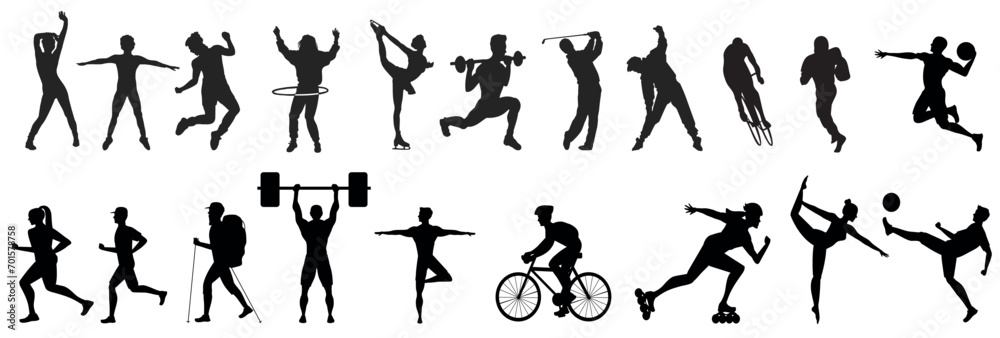 Silhouettes of different men and women performing various sport activities, playing basketball, volleyball, tennis, soccer, football, running. Silhouettes of different men and women performing various sport activities, playing basketball, volleyball, tennis, soccer, football, running.