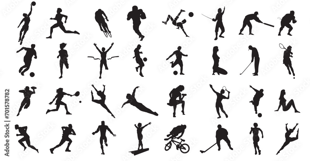 Collection men and women performing various sports activities silhouettes. Bundle of training, exercising people black vector illustrations. 