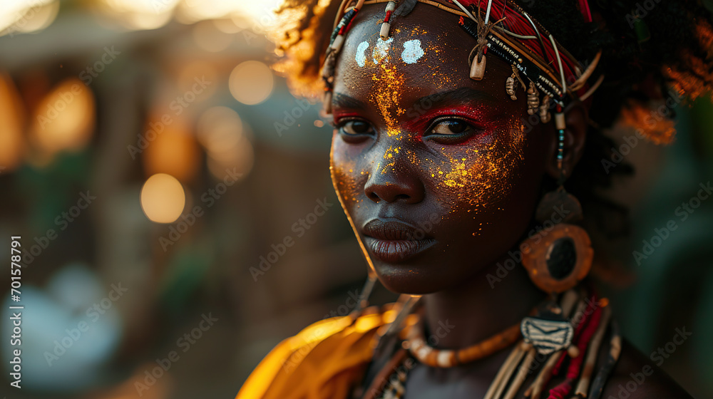 Fashionable face of beautiful African woman wearing yellow, red and white tribal makeup and hair.