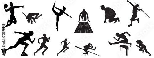 Silhouettes of different men and women performing various sport activities, playing basketball, volleyball, tennis, soccer, football, running.  photo