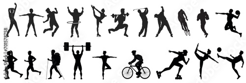 Silhouettes of different men and women performing various sport activities, playing basketball, volleyball, tennis, soccer, football, running. 