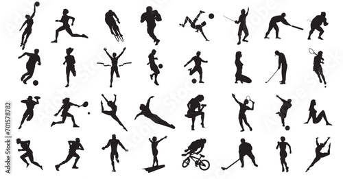 Collection men and women performing various sports activities silhouettes. Bundle of training, exercising people black vector illustrations.  photo
