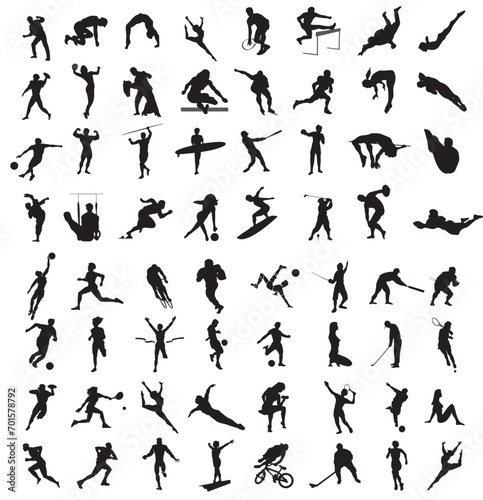 Collection men and women performing various sports activities silhouettes. Bundle of training  exercising people black vector illustrations. 