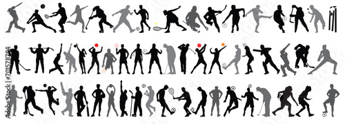 Collection men and women performing various sports activities silhouettes. Bundle of training, exercising people black vector illustrations. 