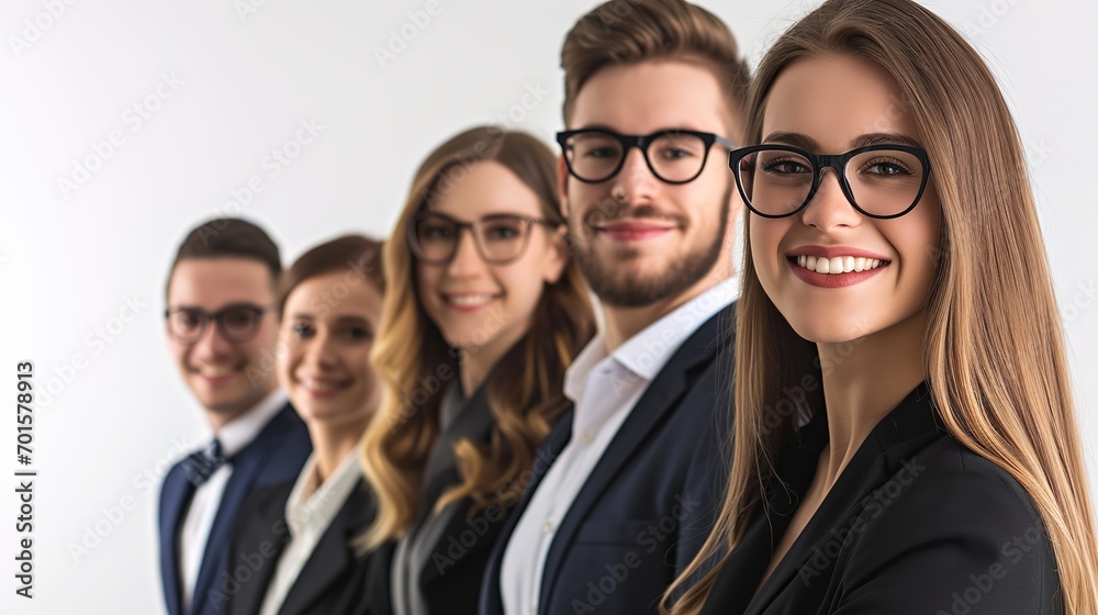 Group of business partners looking at camera with smiles, pretty leader in front over white background Group of business partners looking at camera with smiles, pretty leader in front over white background