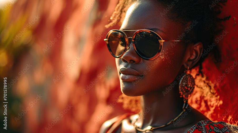 Beautiful woman wearing stylish sunglasses and smiling against red background. African model wearing stylish sunglasses Beautiful woman wearing stylish sunglasses and smiling against red background. African model wearing stylish sunglasses