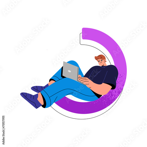 Young man searches information in internet. Worker typing on laptop, freelancer work remote. Student studies using computer. Online education. Flat isolated vector illustration on white background