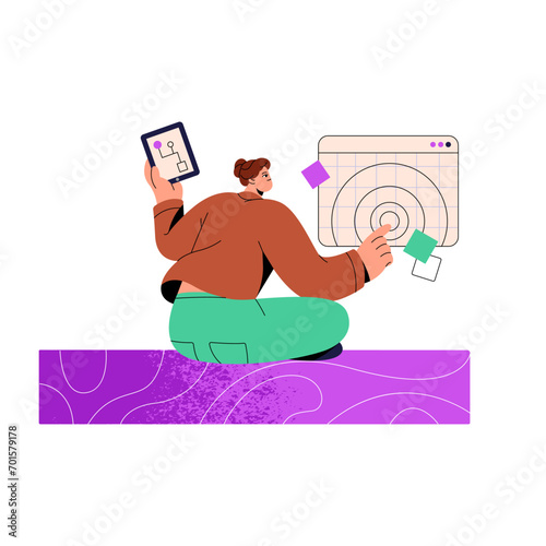 QA testing workflow concept. Tester work, review information structure. Worker checks algorithm, digital database. Young woman with tablet press on display. Flat isolated vector illustration on white