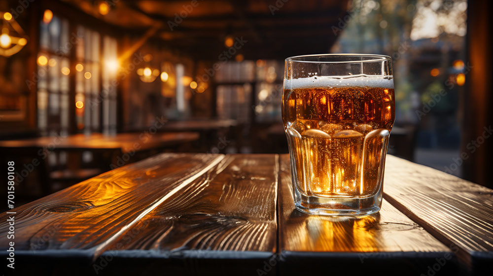 A glass of light beer on a wooden table in a cozy pub at sunset, warm illuminated interior, ideal for advertising drinks and gastronomic articles, copy space A glass of light beer on a wooden table in a cozy pub at sunset, warm illuminated interior, ideal for advertising drinks and gastronomic articles, copy space