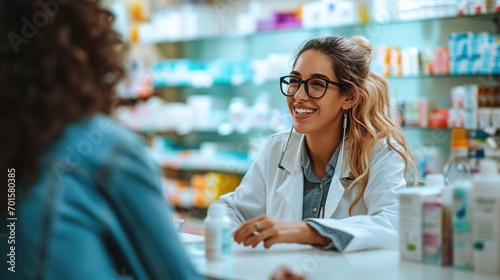 Happy pharmacy woman consultant helping customer with her prescription. Female pharmacist giving instructions to her client in more detail. Understanding customer listening to professional. photo