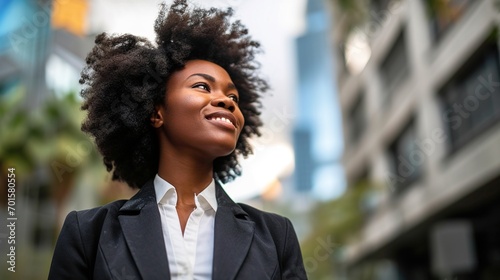 Happy young African American business woman standing in city looking away.