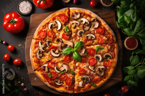 Vegan pizza with mushrooms and tomatoes on wooden table, top view