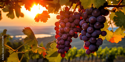 Ripe red grapes in vineyard at sunset. Tuscany Close-up of a bunch of ripe red grapes in the countryside at sunset. AI Generative 