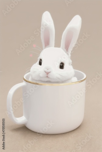 A white mug sits inside a cute white bunny, on a plain background, Easter card. Generative AI © Daria