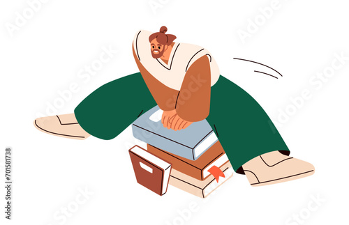 Happy man jumping over book stack. Knowledge, reading challenge concept. Funny student accomplishing, succeeding in education, study, training. Flat vector illustration isolated on white background