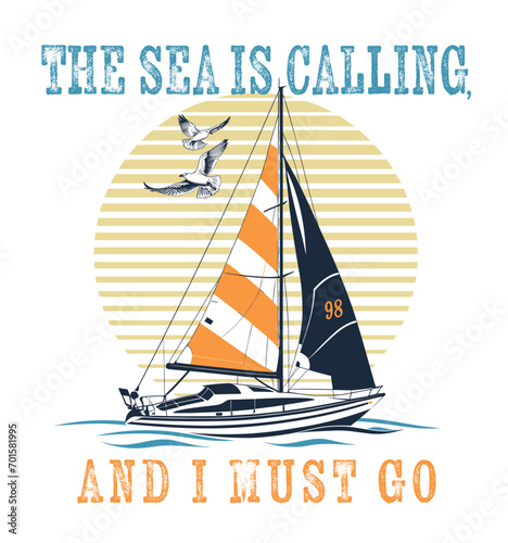 Seascape. Landscape, sea, sailboat, seagulls. Hand drawn illustration converted to vector.