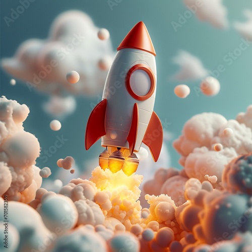 Ilustración 3D de un cohete despegando con fuerza propulsora entre nubes esponjosas en un cielo claro photo