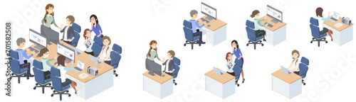 アイソメトリック図法で描いた働くOLのイラストセット（ベクター ）