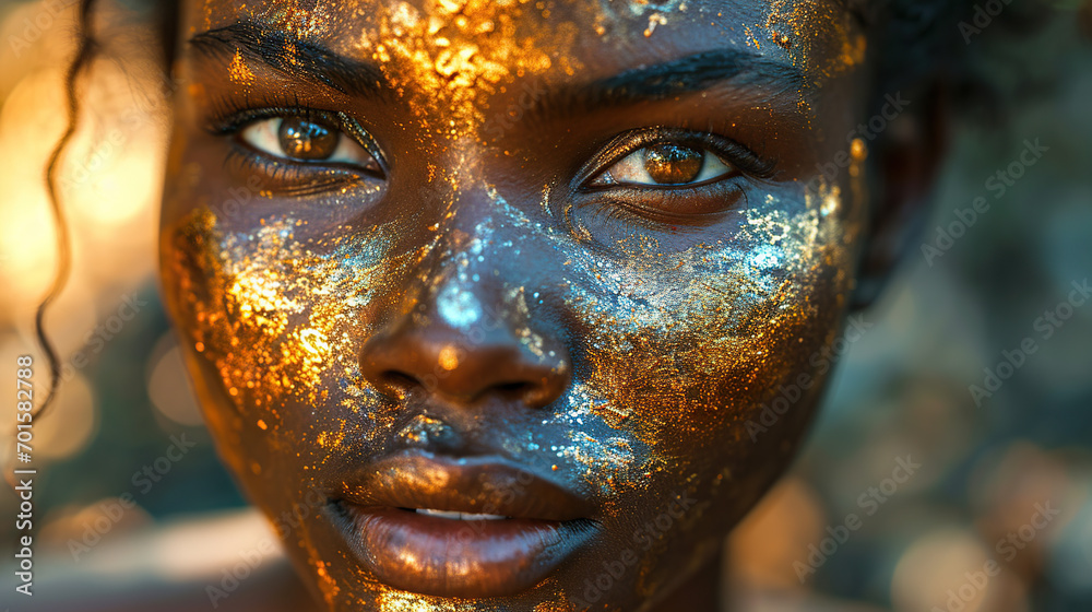 Closeup portrait, fantasy beauty of African woman, face in gold color. Skin glows golden Closeup portrait, fantasy beauty of African woman, face in gold color. Skin glows golden