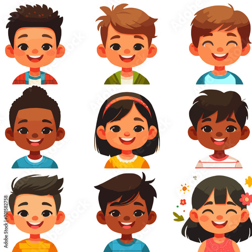 Set of children avatars. Bundle of smiling faces of boys and girls with different hairstyles, skin colors and ethnicities