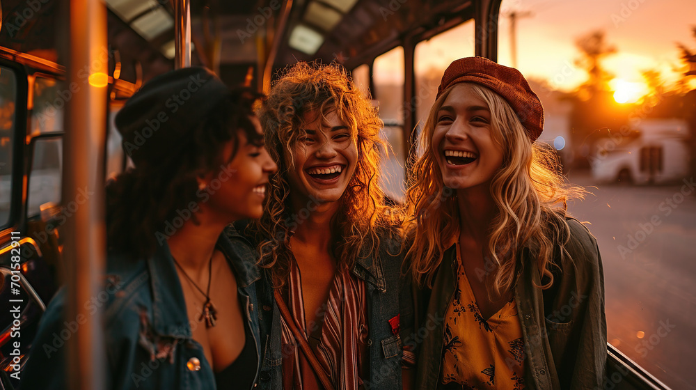 Image of various young friends laughing while standing and chatting on the bus.