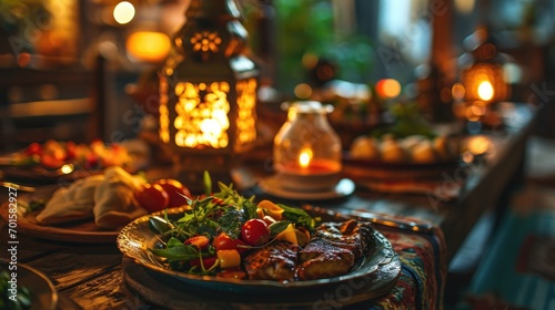Ramadan Feast of Authentic Arabic Cuisine  Savory Tagine  Rich Flavors  and Cozy Ambiance  Moroccan Dining Experience  Lantern-Lit Evening with Traditional Spices and Tagine