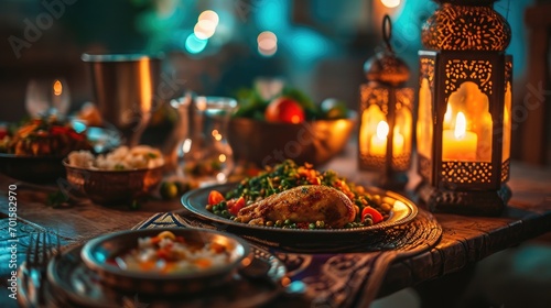 Close up Arabic meal on wooden table with dates and lamp at night of Iftar party, Muslims Ramadan food after fasting festive at Islam home dawn sunset time. Halal food. photo