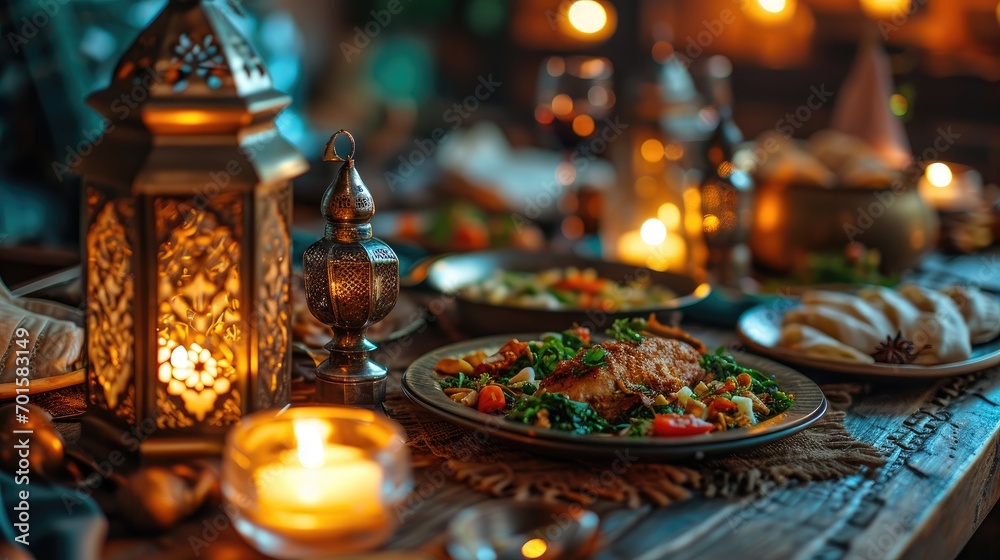 Close up Arabic meal on wooden table with dates and lamp at night of Iftar party, Muslims Ramadan food after fasting festive at Islam home dawn sunset time. Halal food.