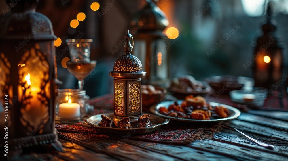 Close up Arabic meal on wooden table with dates and lamp at night of Iftar party, Muslims Ramadan food after fasting festive at Islam home dawn sunset time. Halal food. Close up Arabic meal on wooden table with dates and lamp at night of Iftar party, Muslims Ramadan food after fasting festive at Islam home dawn sunset time. Halal food.