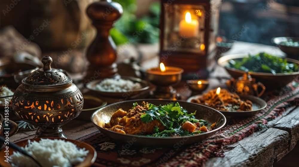 Close up Arabic meal on wooden table with dates and lamp at night of Iftar party, Muslims Ramadan food after fasting festive at Islam home dawn sunset time. Halal food.