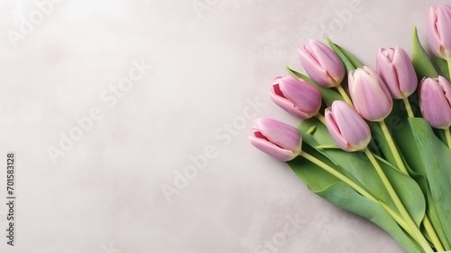 Copy Space Beautiful composition spring flowers. Bouquet of pink tulips flowers on pastel pink background. Valentine s Day  Easter  Birthday  Happy Women s Day  Mother s Day. Generative Ai