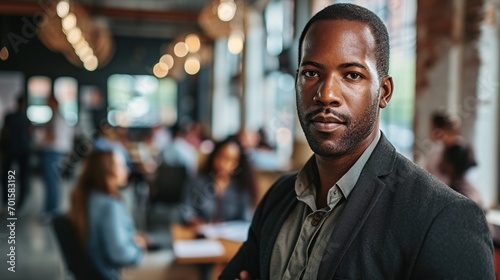 Portrait of a confident black business man standing in a busy office