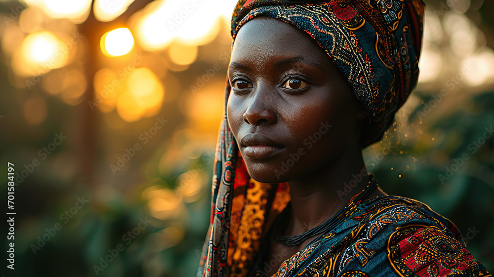 African woman with colorful shawl on her head - obrazy, fototapety, plakaty 