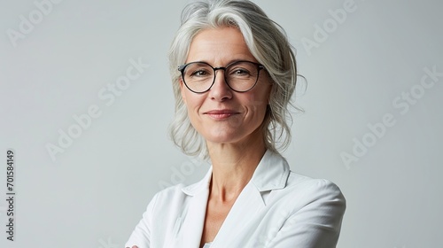 Portrait of mature business woman smile while standing against white background