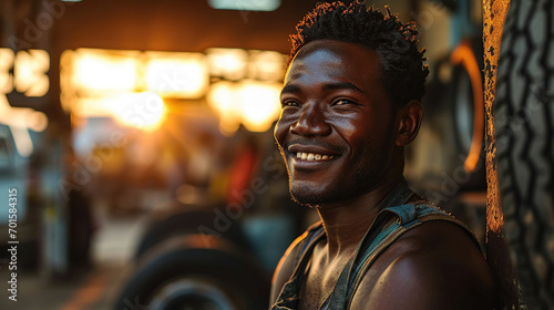 Happy African male car mechanic behind tire service concept